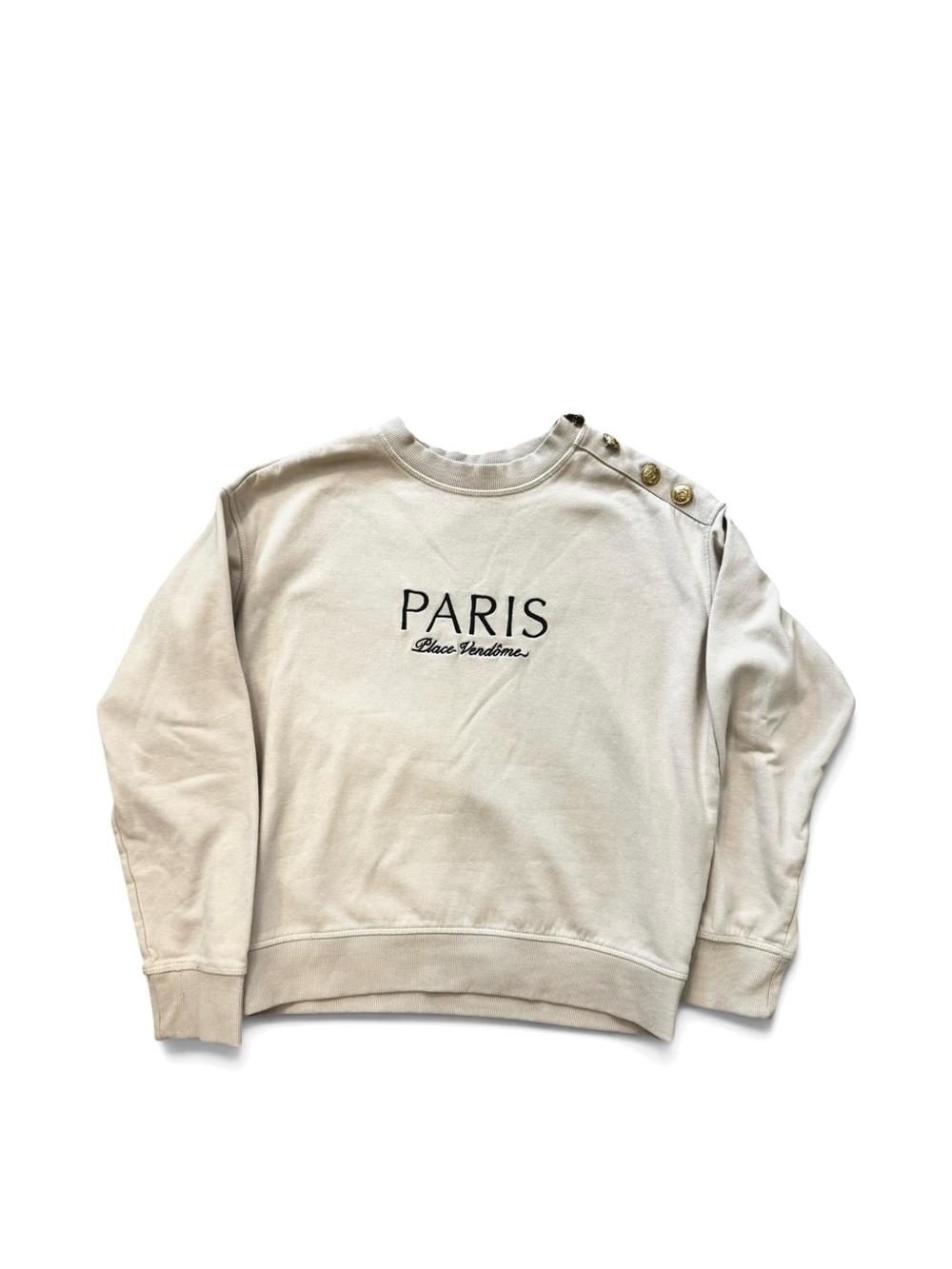 H&M Cream Crewneck Sweatshirt with PARIS Embroidery and Gold Buttons